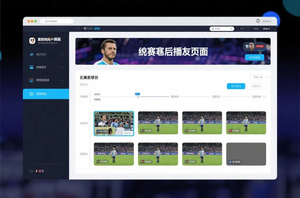 比赛结束后，电视屏幕展示集锦回放页面，旁边有时间轴和多角度切换提示